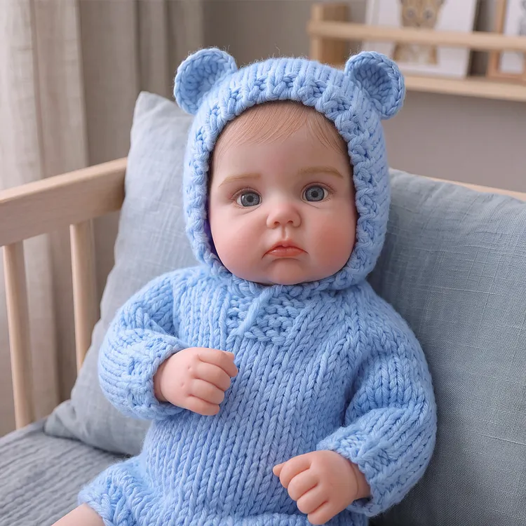 [Pre-Order] Babeside Sage 16" Silicone Baby Doll in Blue Knit Bear Outfit &ndash; Gender-Neutral Lifelike Baby Gift