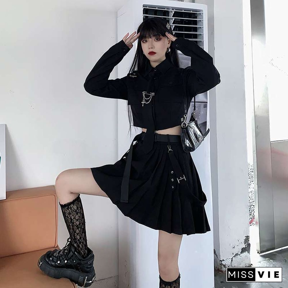 Cool Pocket Shirt Pleated Skirt Tie Set