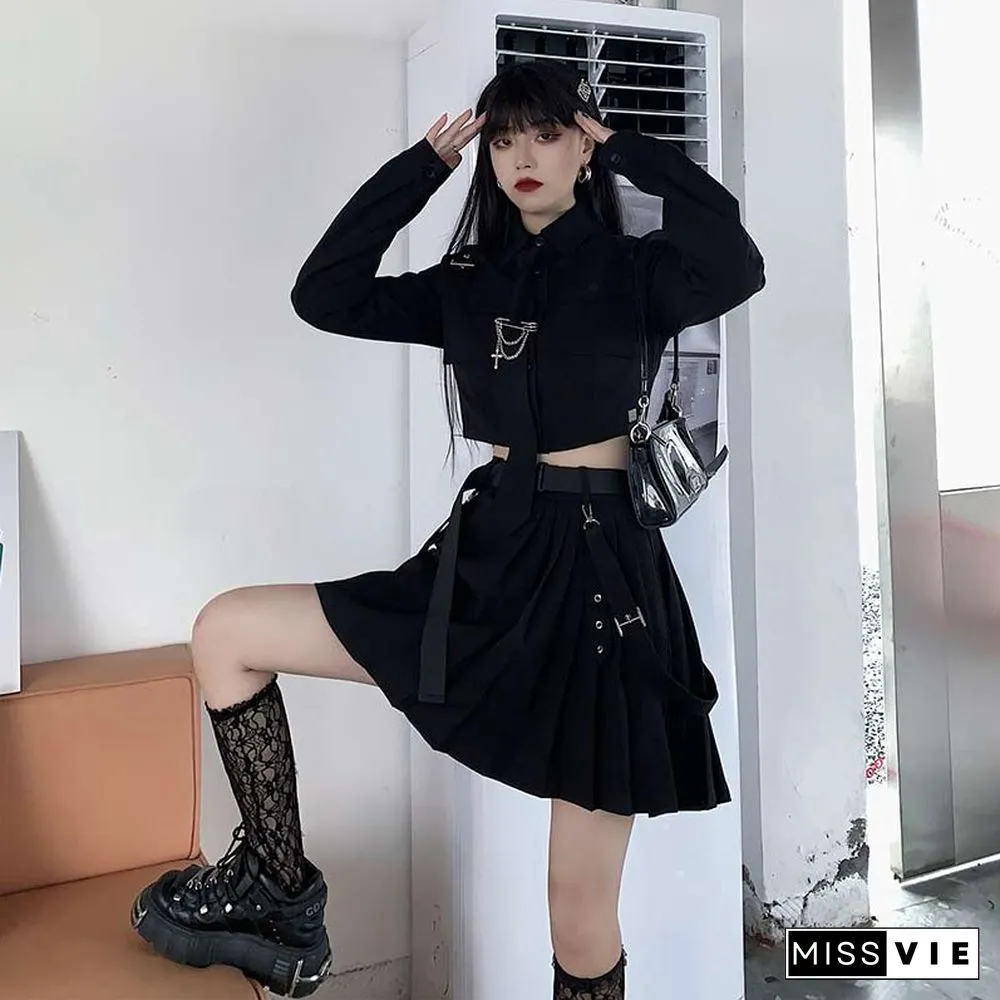 Cool Pocket Shirt Pleated Skirt Tie Set