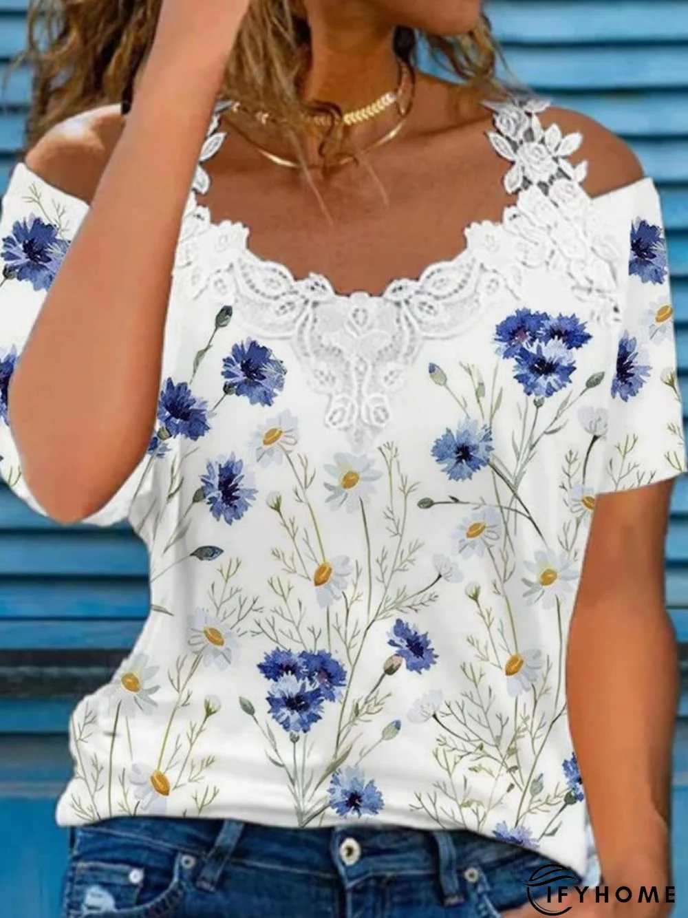 Casual Floral Short Sleeve V Neck Printed Top T-shirt | IFYHOME