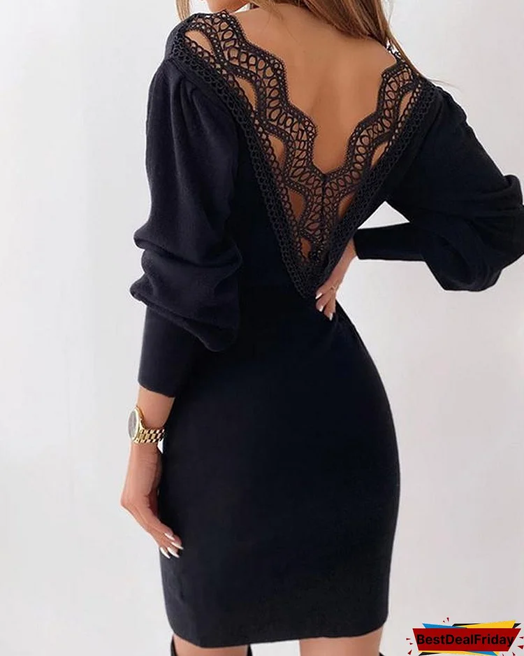 Long Sleeves Lace Patchwork Backless Bodycon Elegant Mini Dress