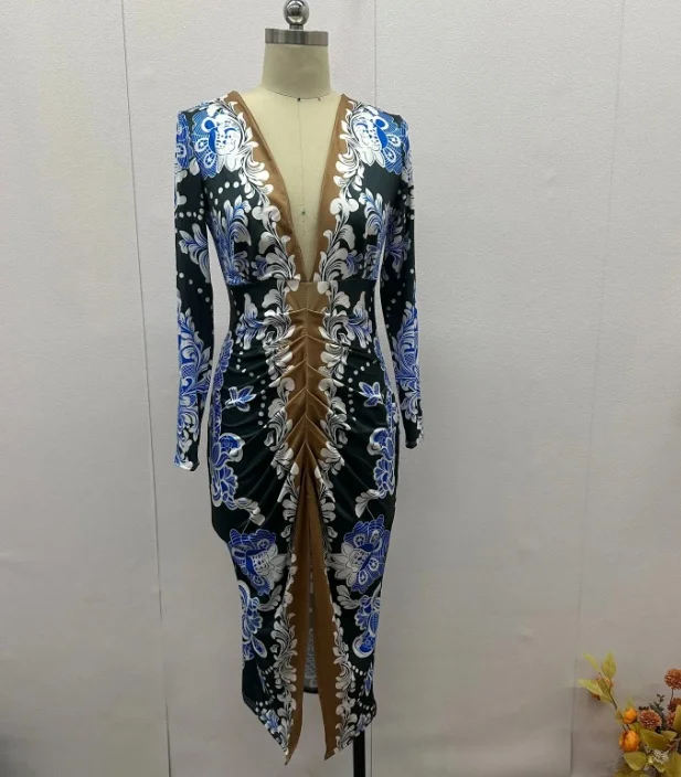Ueong Ueong 2024 New Bohemian Style V-Neck High Waist Slim Sexy Hip Wrap Dress