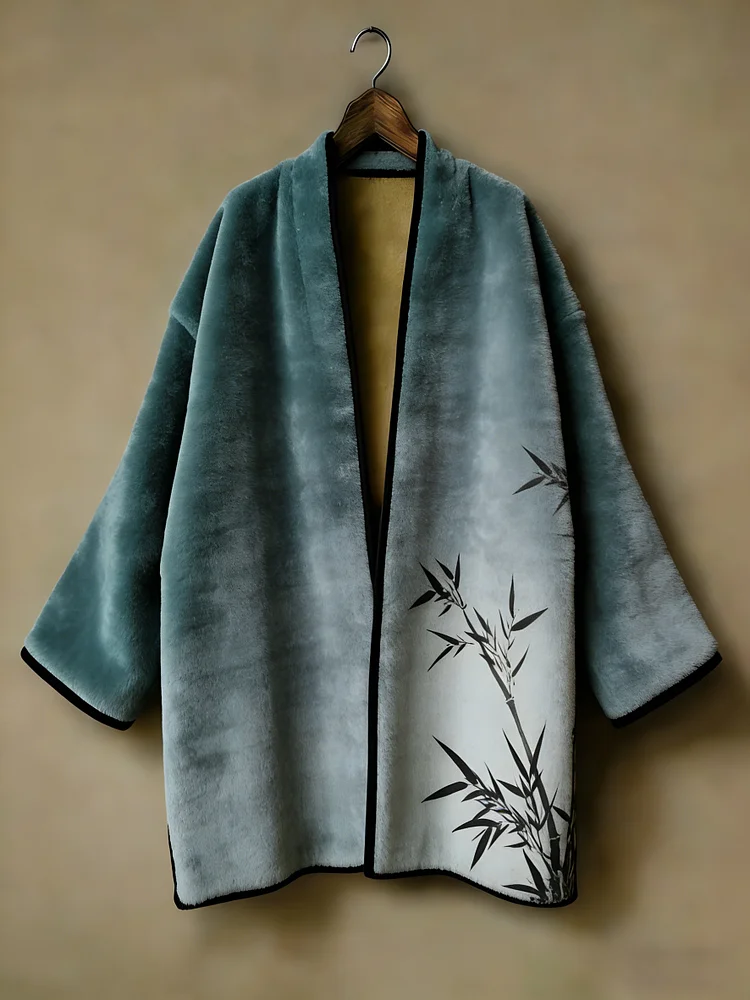 Oriental aesthetic printed flannel embroidered medium and long kimono cardigan