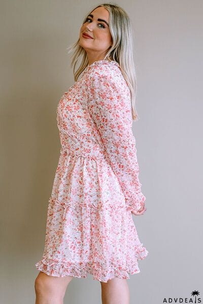 Plus Size Floral V-Neck Frill Long Sleeve Dress