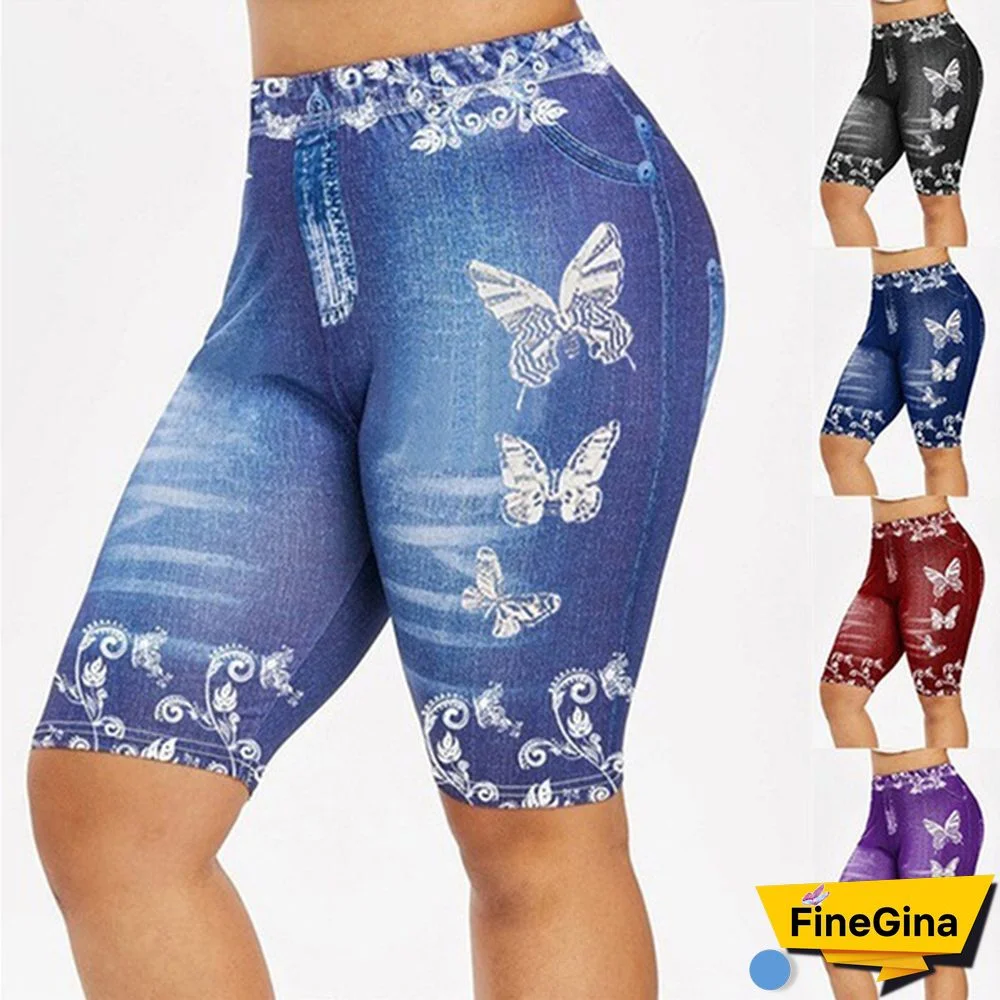 New Women's Fashion 3D butterfly Floral Print Denim Shorts Leggings Plus Size Yoga Shorts Leggings