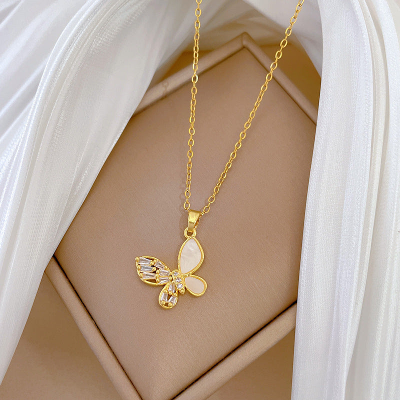 Shell Hollow Butterfly Full Diamond Gorgeous Full Diamond Necklace Women’S Versatile Clavicle Chain Titanium Steel