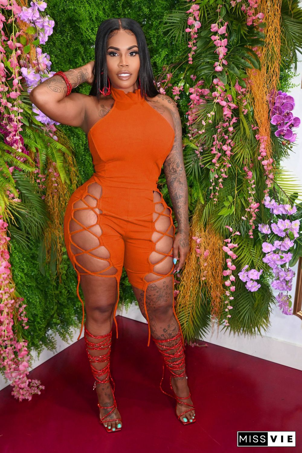 Hot Style Summer Women Solid Color Sleeveless Halter Hollow Out O-Neck Night Club Party Bandage Rompers