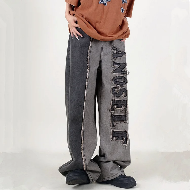 Patch Letter Embroidery Baggy Jeans Y2K Pants Straight Loose Wide Leg Denim Trousers at Hiphopee