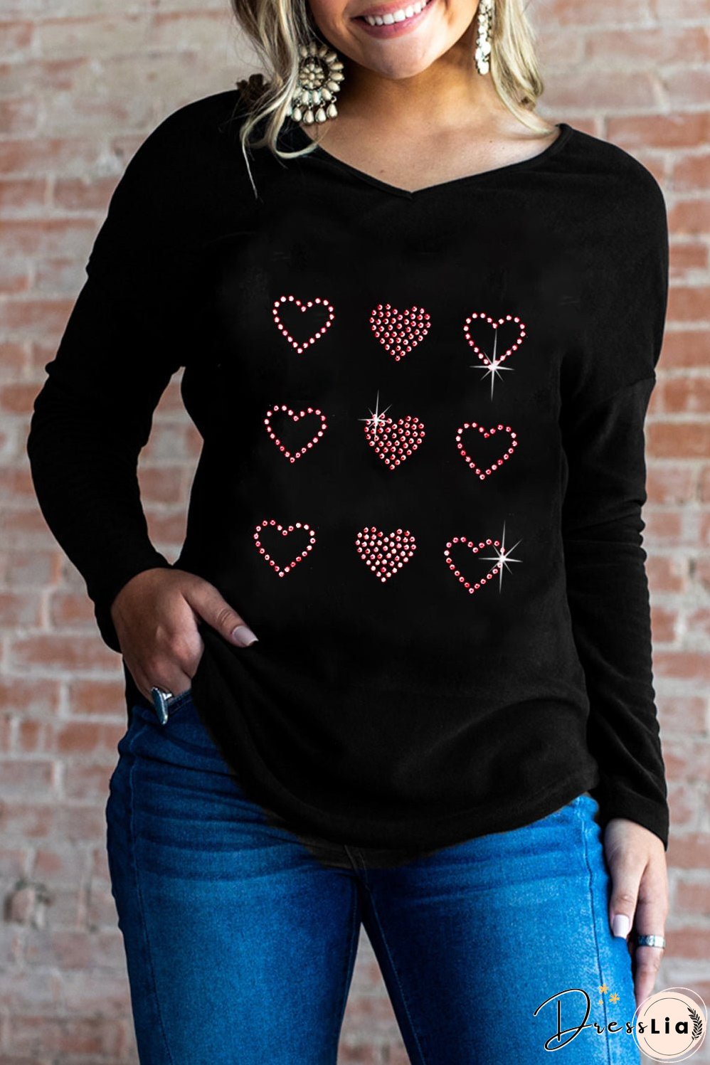 Black Valentines Day Rhinestone Heart Graphic Long Sleeve Tee