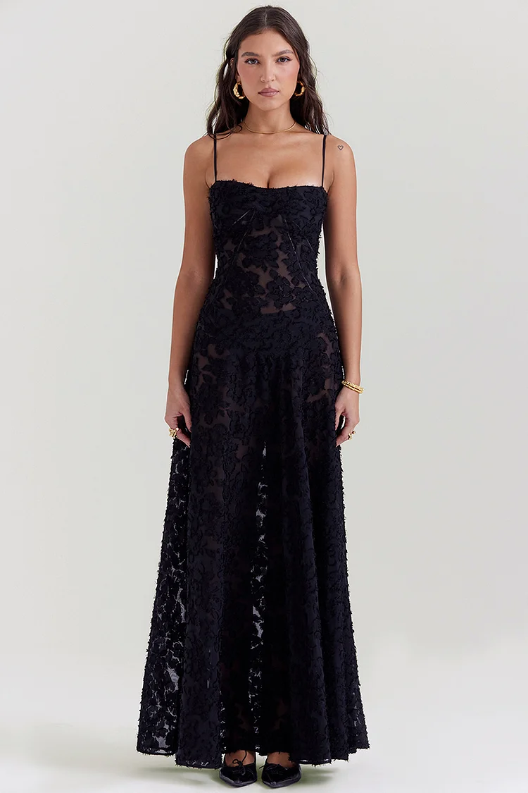Floral Jacquard Lace Gothic Party Flowy Slip Maxi Dresses-Black