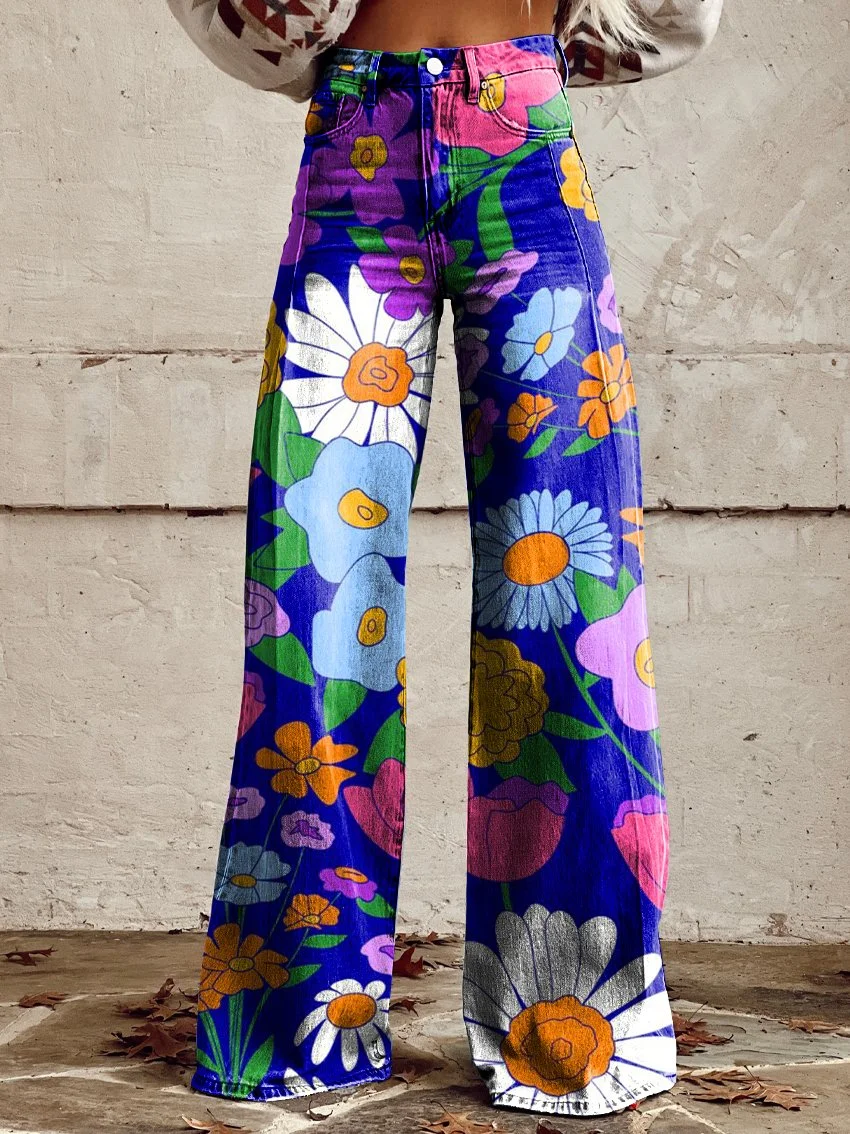 Bright Flower Print Print Women's Print Casual Wide Leg Pants