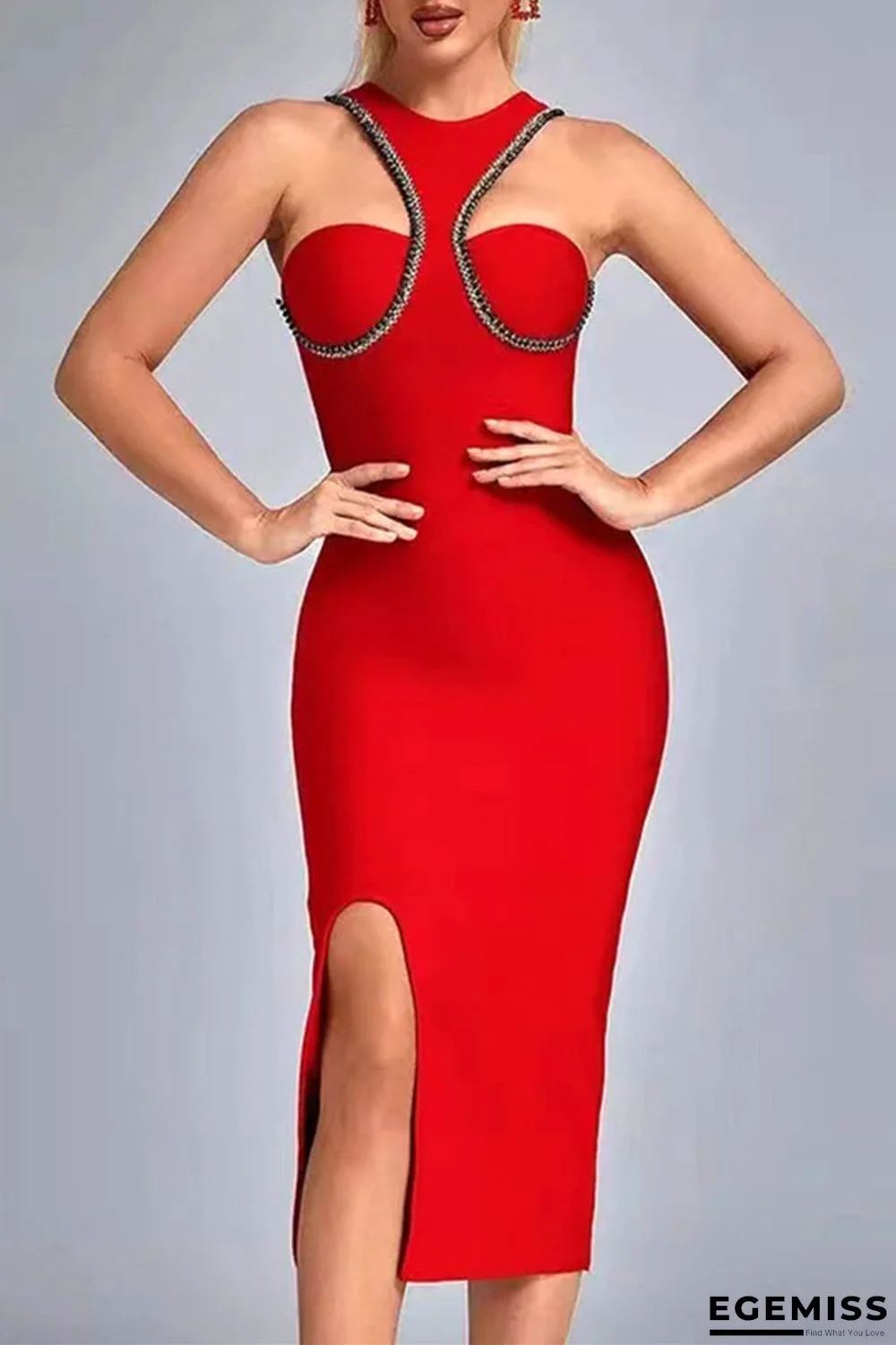 Red Sexy Solid Patchwork Slit O Neck Sleeveless Dress | EGEMISS