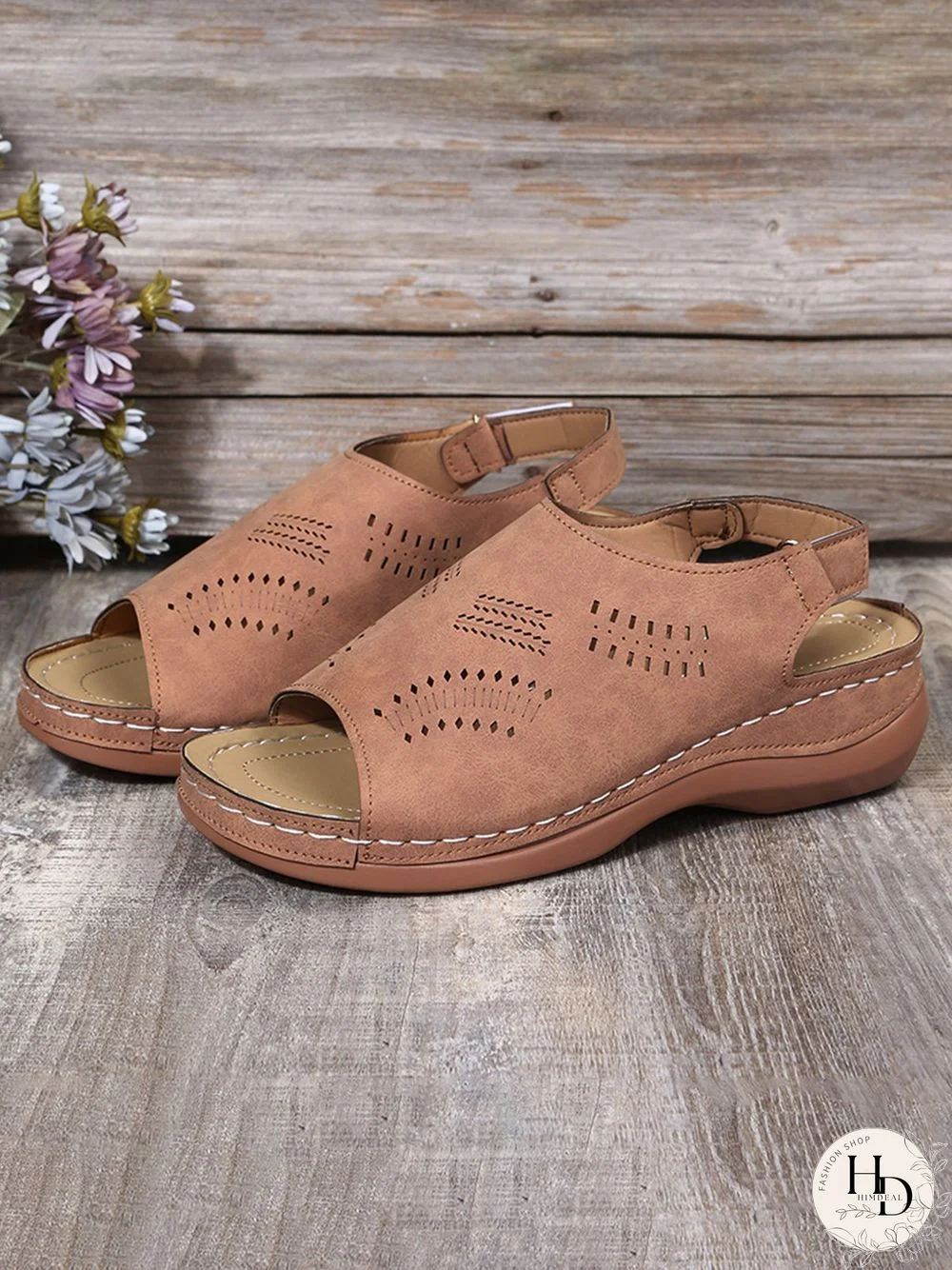 Cutout Velcro Vintage Casual Velcro Wedge Sandals