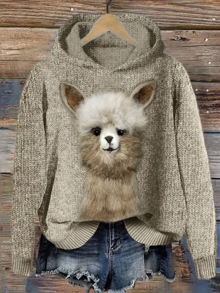 Funny Alpaca Felt Art Cozy Knit Hoodie