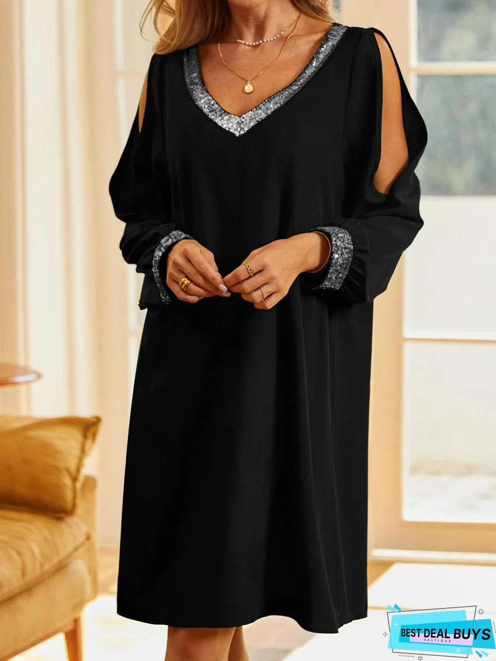 V Neck Sexy Sequins Loosen Weaving Tunic Dress