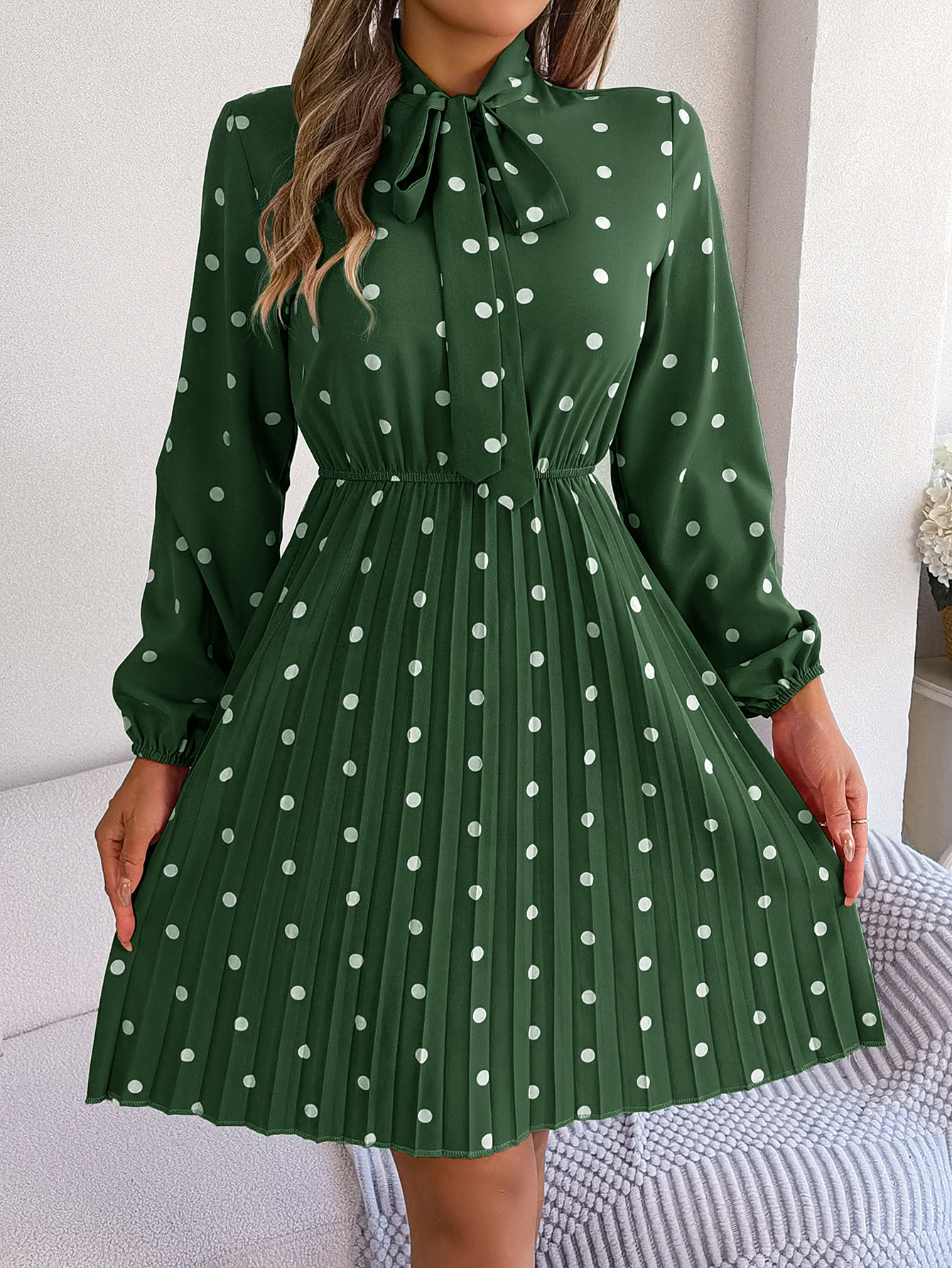 Mature Women's Polka-dot Elegant Pleated Skirt Dress