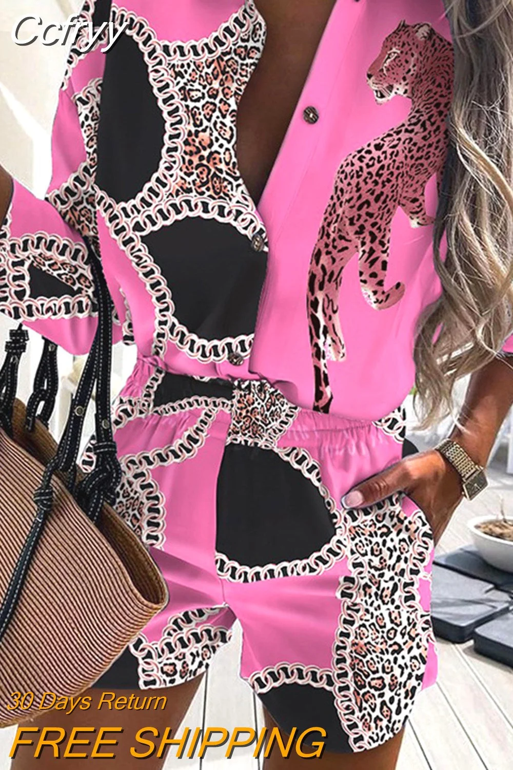 huibahe Sets For Women 2023 Summer Fashion Print Boho Button Long Sleeve Shirt Top Casual Shorts Pocket 2 Piece Woman Set Outfit