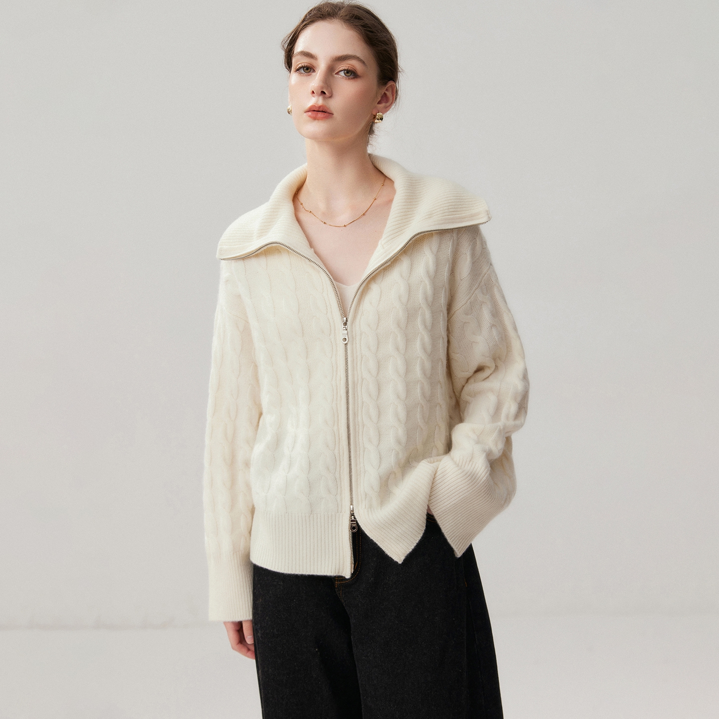 Women's Baby Cashmere Jacket Relaxed Fit Funnel-Neck Zip-Front REAL SILK LIFE