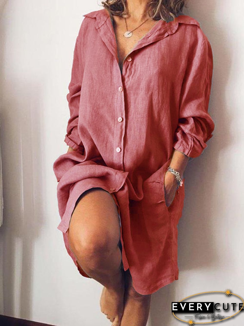 Casual V Neck Long Sleeve Solid Weaving Dress