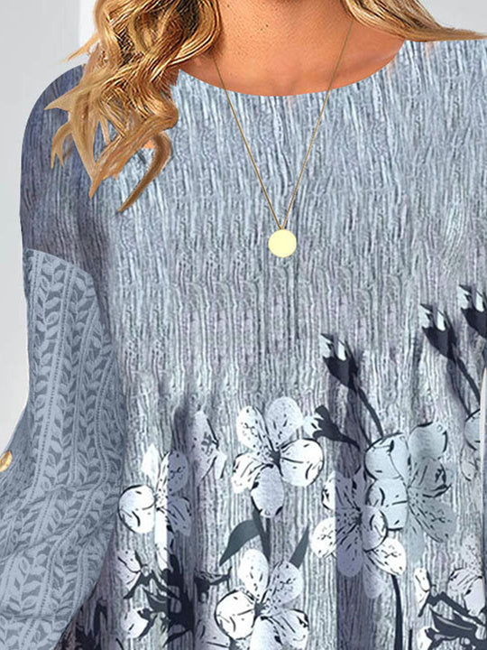 Women Long Sleeve Scoop Neck Floral Printed Graphic Button Lace Tops