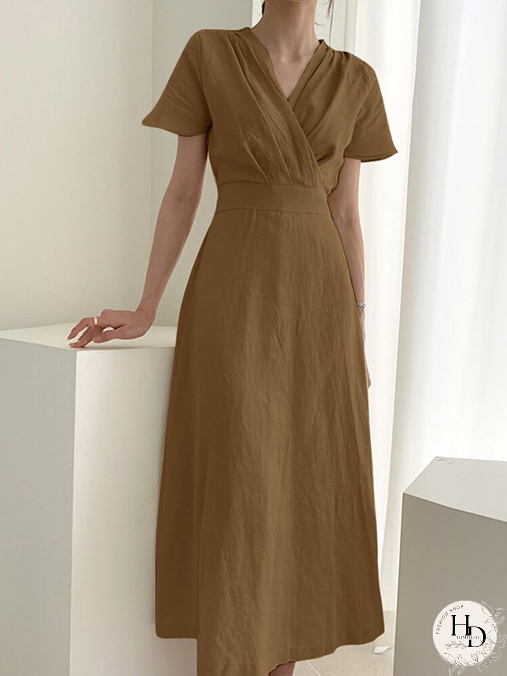 Solid Wrap V-neck Short Sleeve Casual Dress For Women
