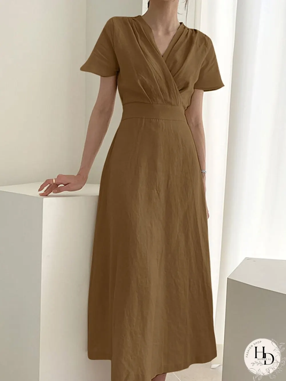 Solid Wrap V-neck Short Sleeve Casual Dress For Women
