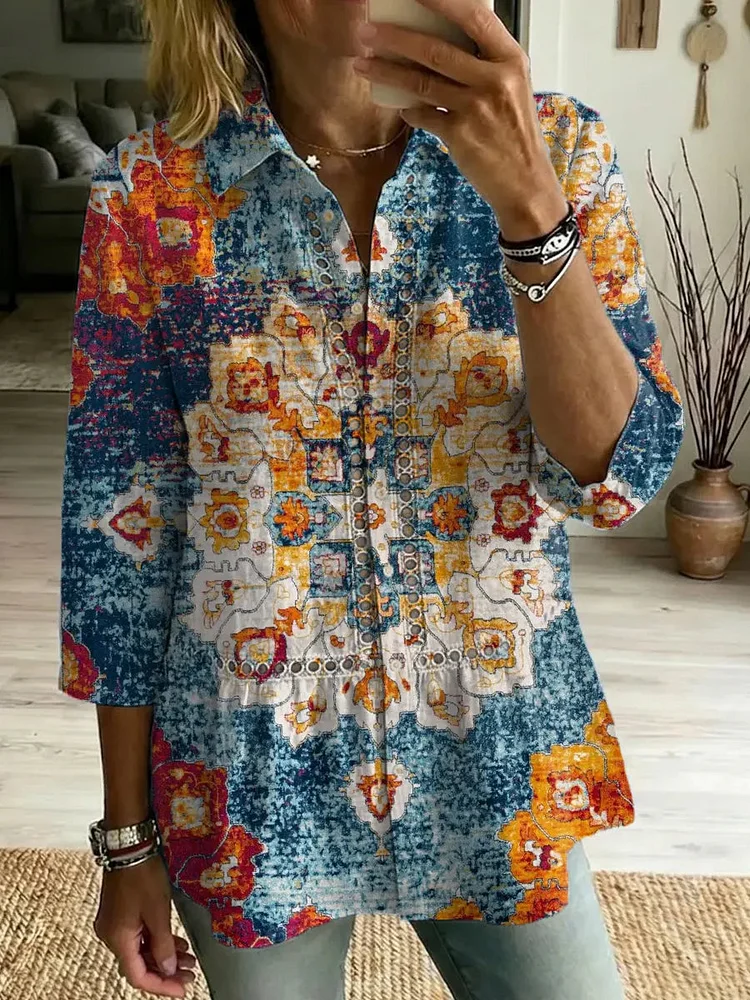 Women's Retro Floral Art Print Casual Lapel Cotton Shirt