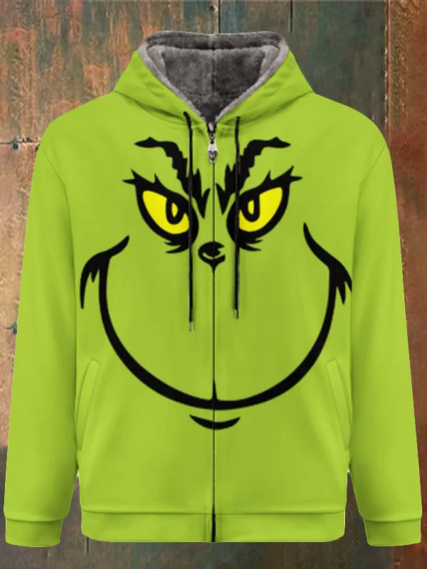 Unisex Christmas Print Double Layer Fleece Zip-Up Hooded Jacket