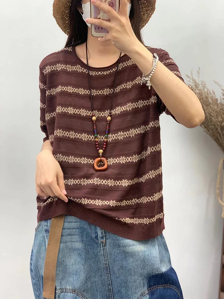 Women Casual Summer Stripe Loose Pullover Cotton Shirt