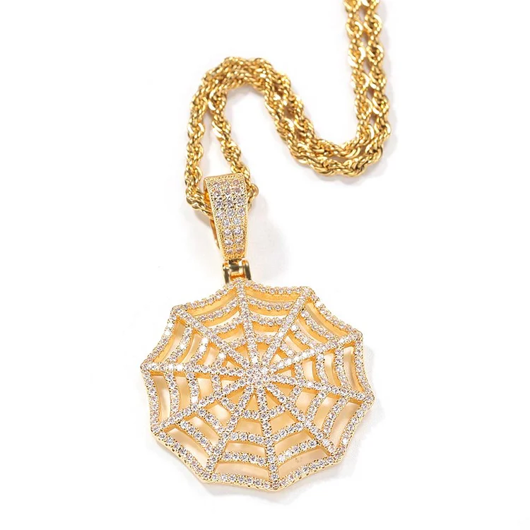 Iced Out CZ Spider Cobweb Design Pendant Necklaces-VESSFUL