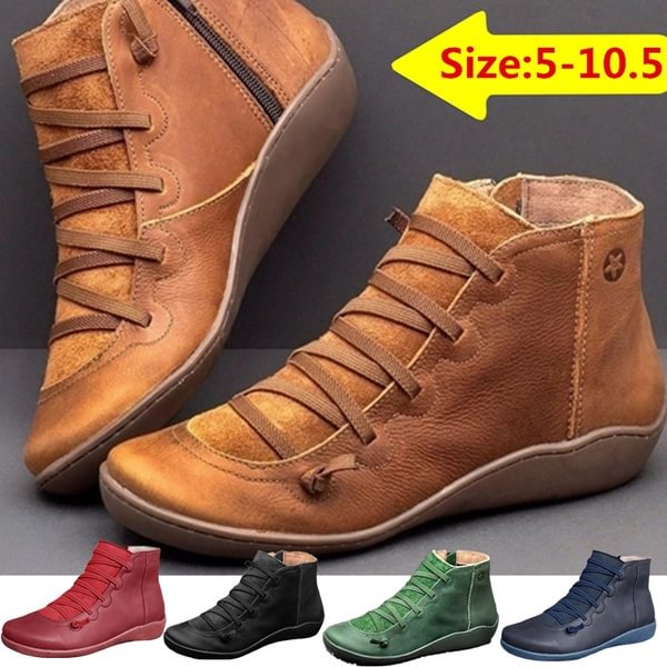 Women's Fashion Braided Strap Solid Color Round Toe Ankle Boots Flat Heel All Season Boots Leather Waterproof Vintage Boots Ladies Side Zippers Short Boots - Shop Trendy Women's Fashion | TeeYours