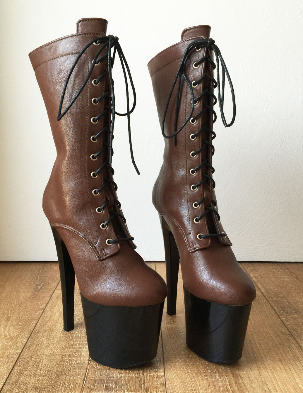 TAAFO ZOE 20cm Platform Calf Lace Up Boot Extreme Fetish BDSM LARP Brown Black