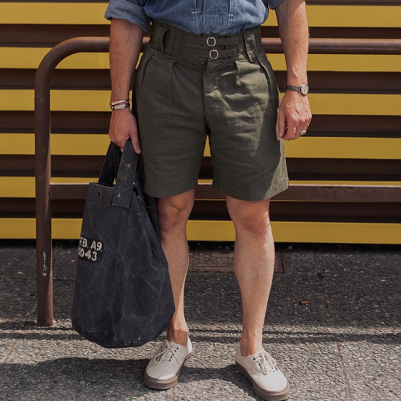 Men's Olive Green Double Waistband Buckled Canvas Shorts