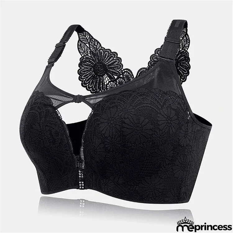 Women's Plus Size Daisy Embroidered Back Gather Bras - Black