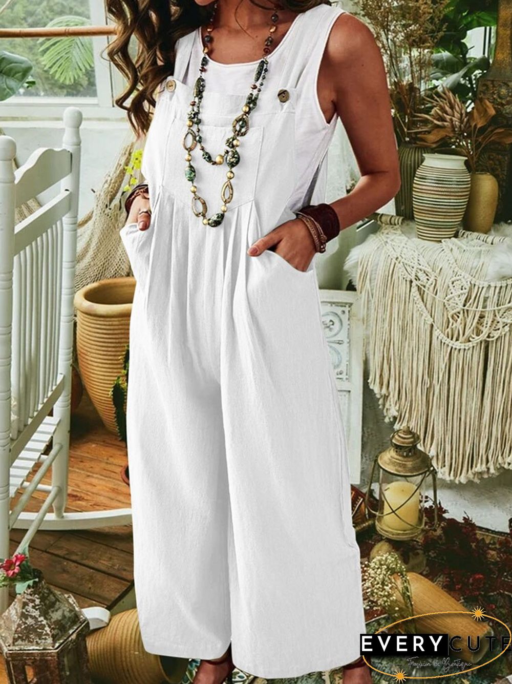 Casual Jumpsuit-Solid Color Womens Clothing Summer Solid Color Cotton Linen Pocket