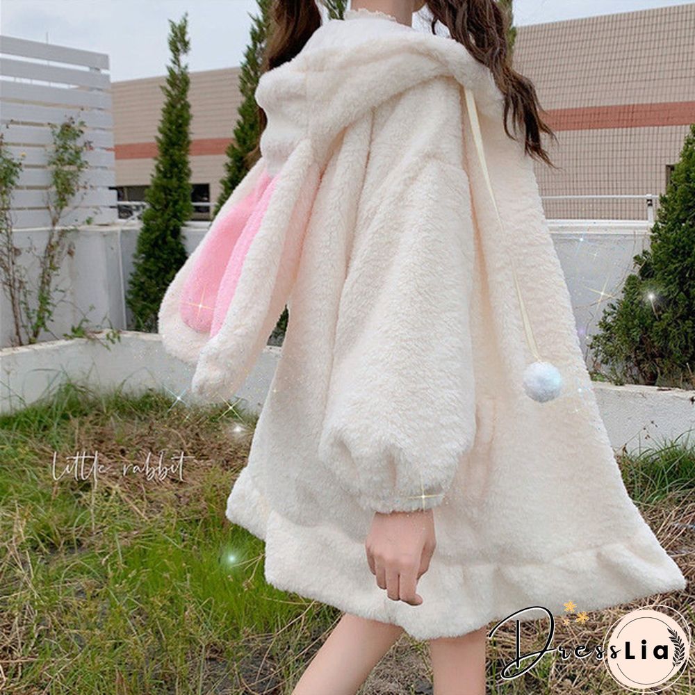 New Women Kawaii Zipper Hooded Coat Rabbit Ears Cute Sweet Girls Harajuku Style Warm Jacket
