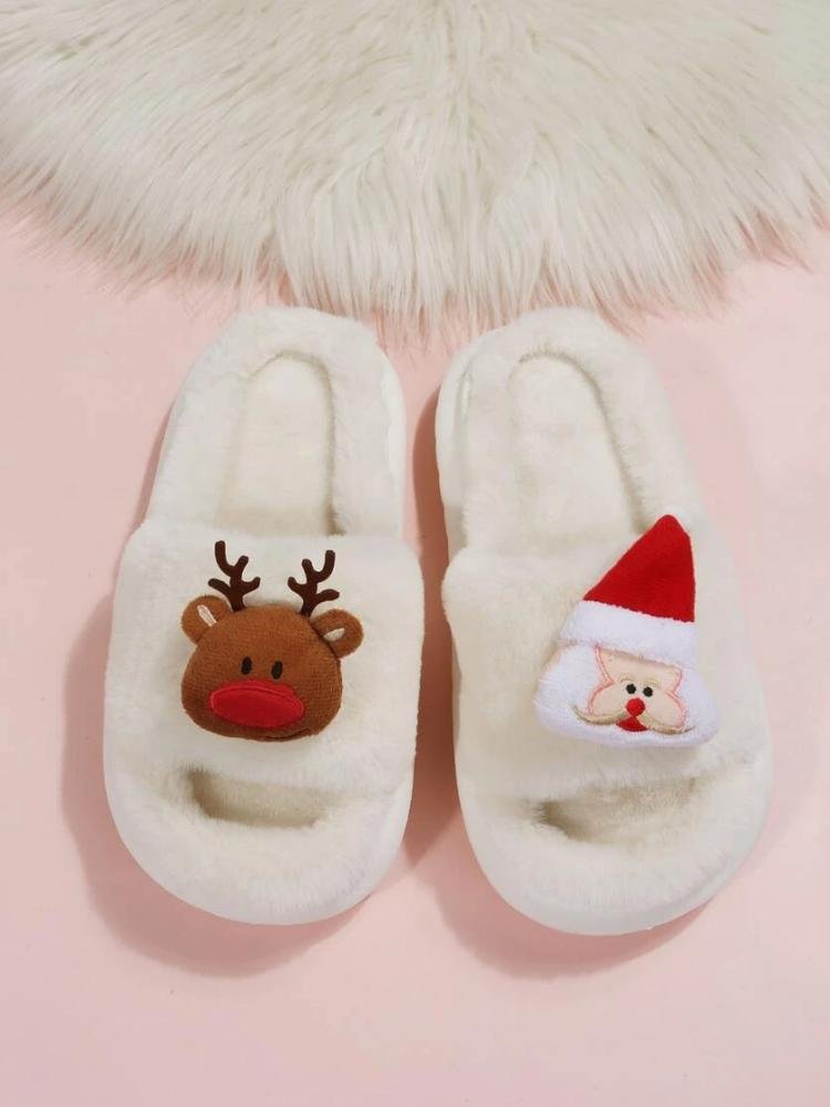 Christmas Elk & Santa Claus Decor Fluffy Novelty Flat Slippers