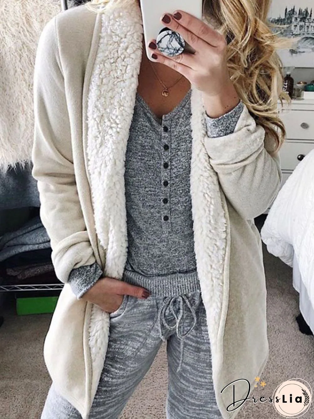 Women Casual Winter Solid Cotton-Blend Mid-weight Daily Casual Long sleeve Shawl Collar Jacket