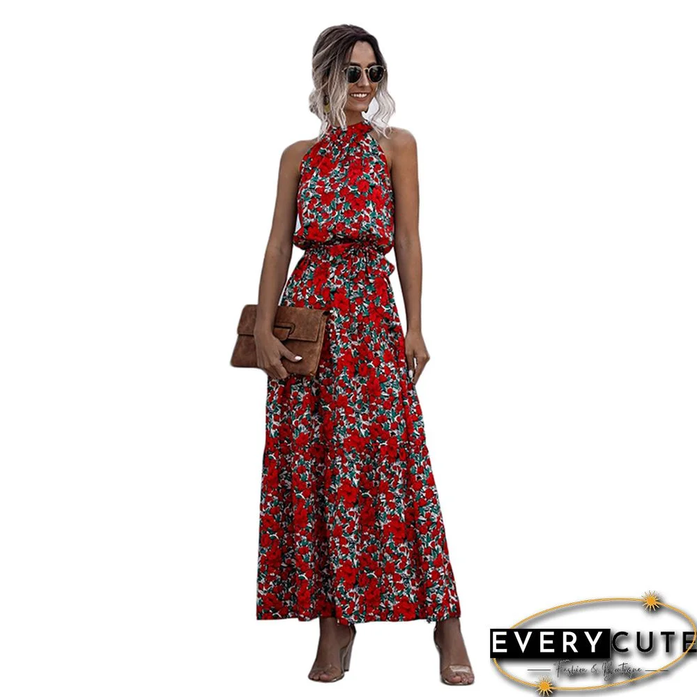 Multicolor Floral Print Halter Maxi Dress