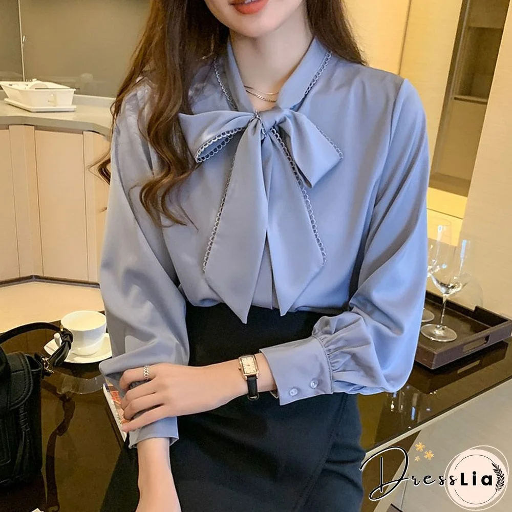 Spring Fashion Korean Tops Satin Chiffon Blouse Women Loose Long Sleeve Shirt White Blue Office Lady Clothes With Bow