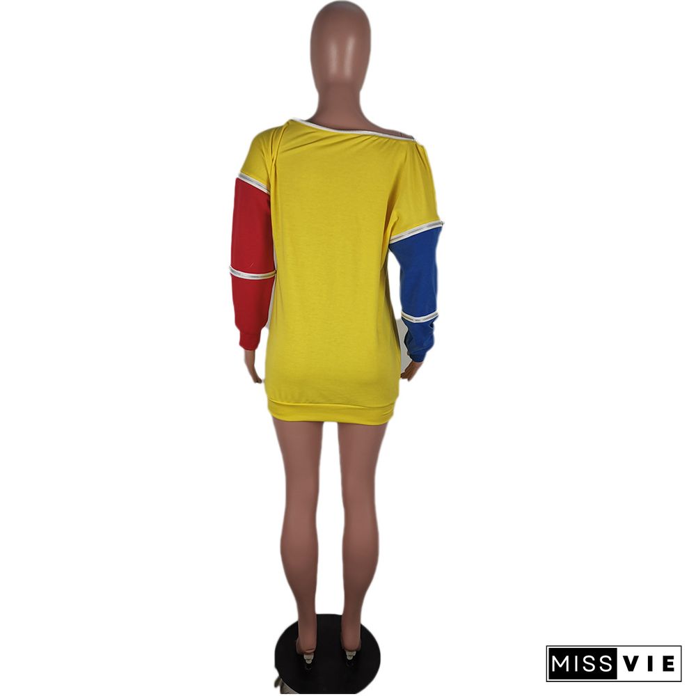 Letter Color Block Adjustable Sleeve Sweatshirt Dress
