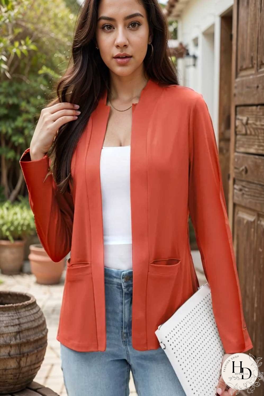 solid long sleeves pockets open front versatile blazer