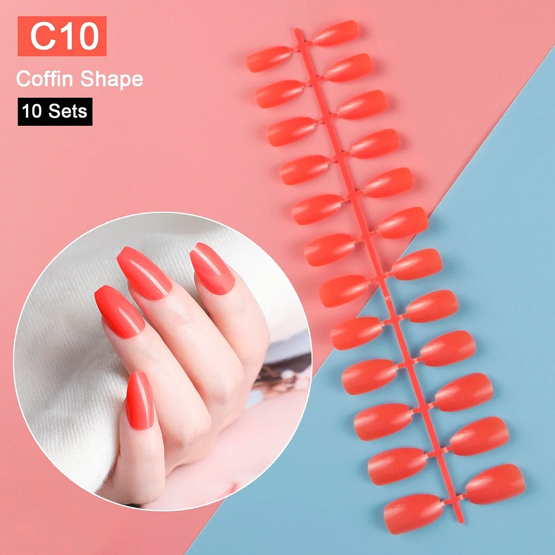 10 Sets/Pack Mixed Solid Colors Coffin Round Square Almond Shape False Nails Full Cover Nail Tips Short Fake Nails Tip Manicure-Nail Inspo