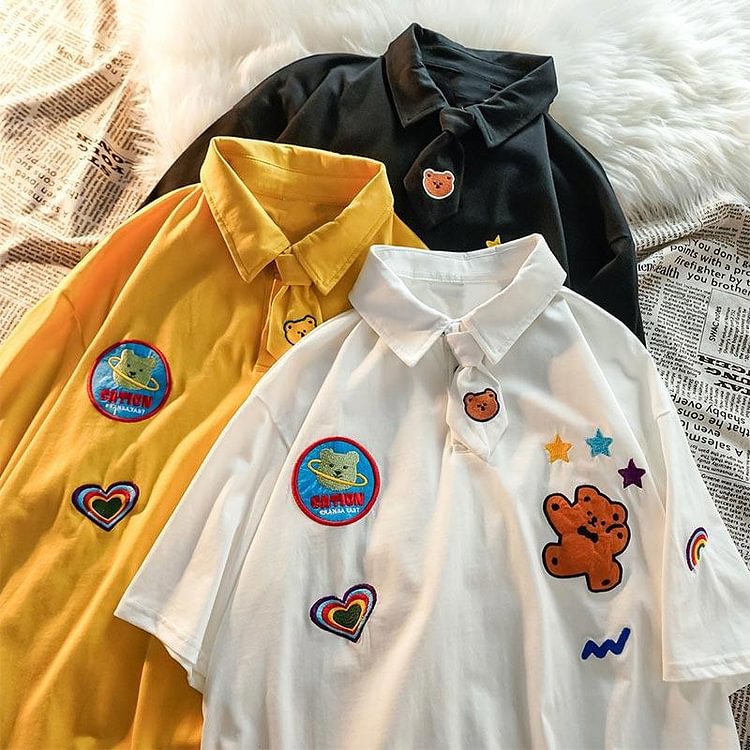 Cartoon Bear Embroidery Tie Polo Shirt - Modakawa Modakawa