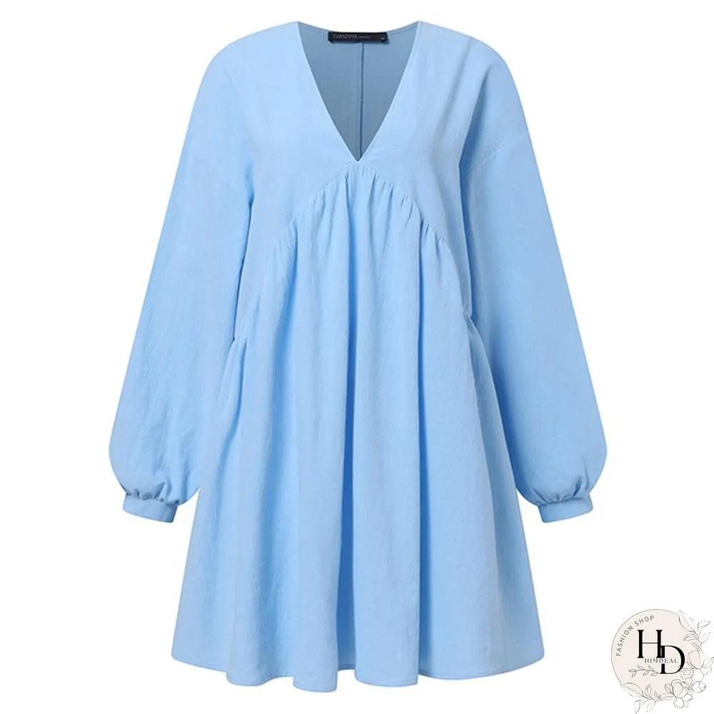 Womens Spring & Autumn Long Dress Tunic Lantern Sleeve Necklace Cotton Linen Casual Loose