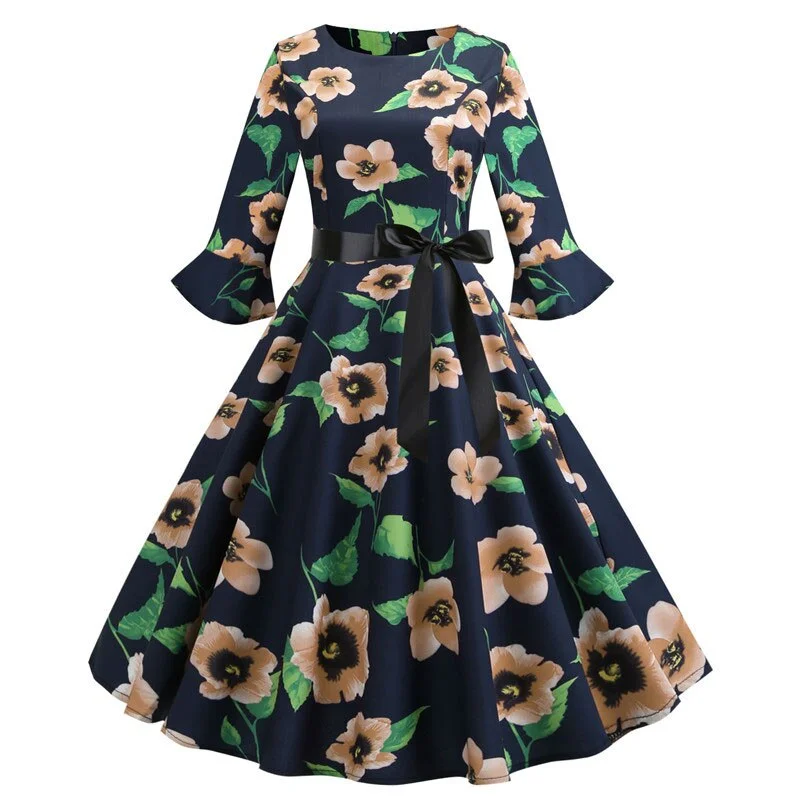 Floral Print Vintage Dress Christmas Dress Women Winter Elegant Party Dresses  Petal Sleeve Casual Midi Dress
