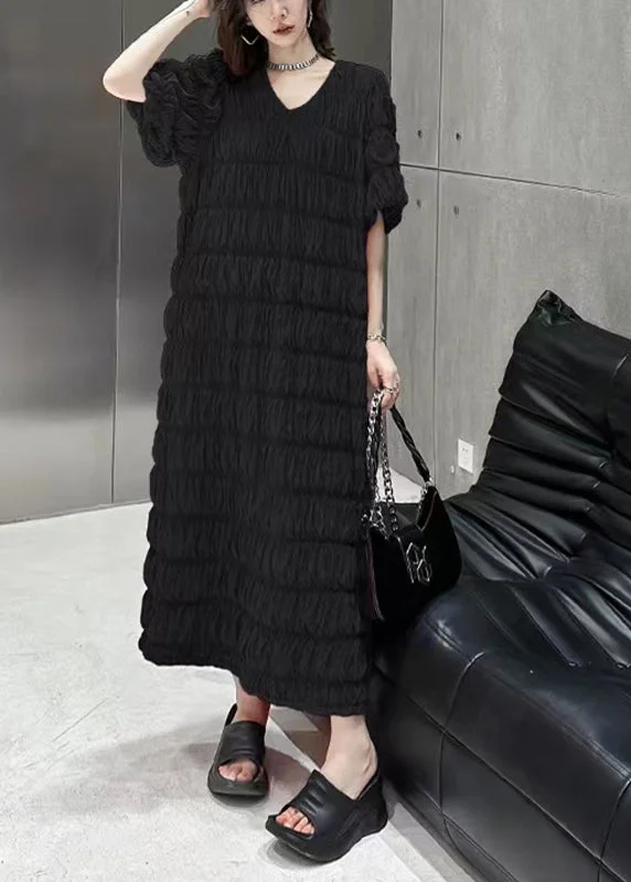 Black Wrinkled Vacation Chiffon Long Dresses Summer