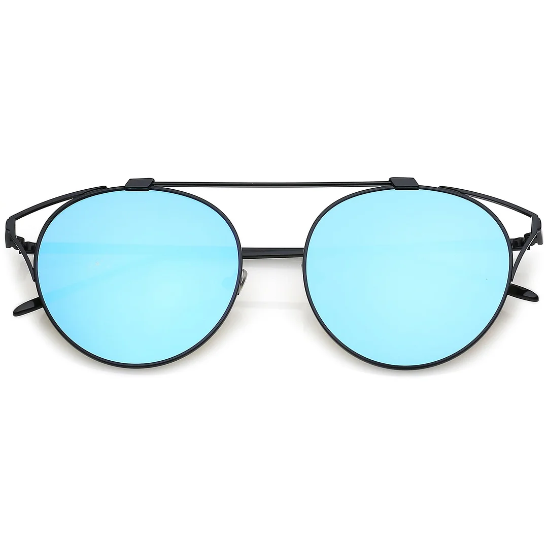 Modern Metal Cutout Cat Eye glasses With Crossbar Round Mirrored Flat Lens 55mm