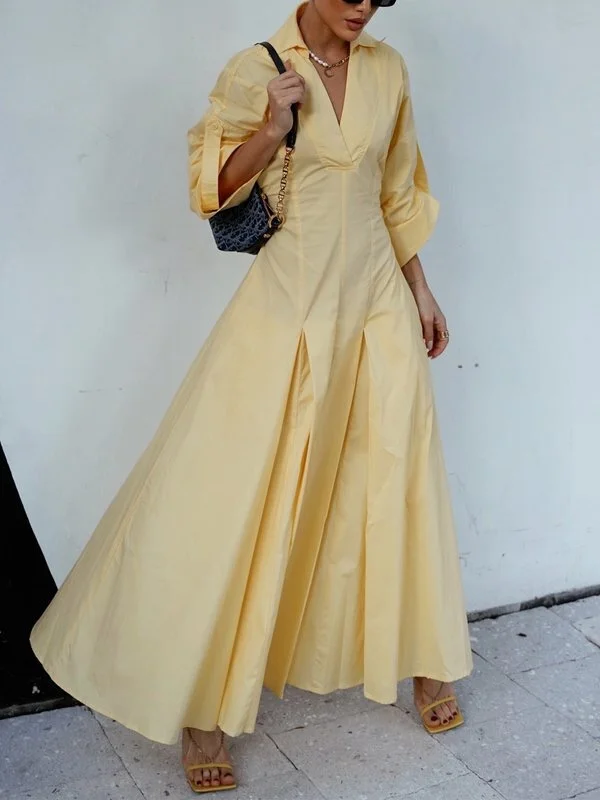 A-Line High Waisted Pleated Solid Color V-Neck Maxi Dresses Shirt Dress