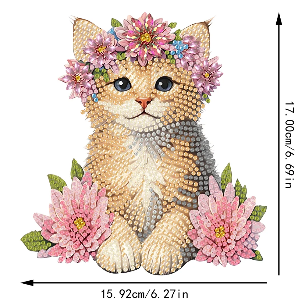 2D Flat Cat DIY Shaking Head Cat Pink Flower Diamond Painting Desktop Decoration
